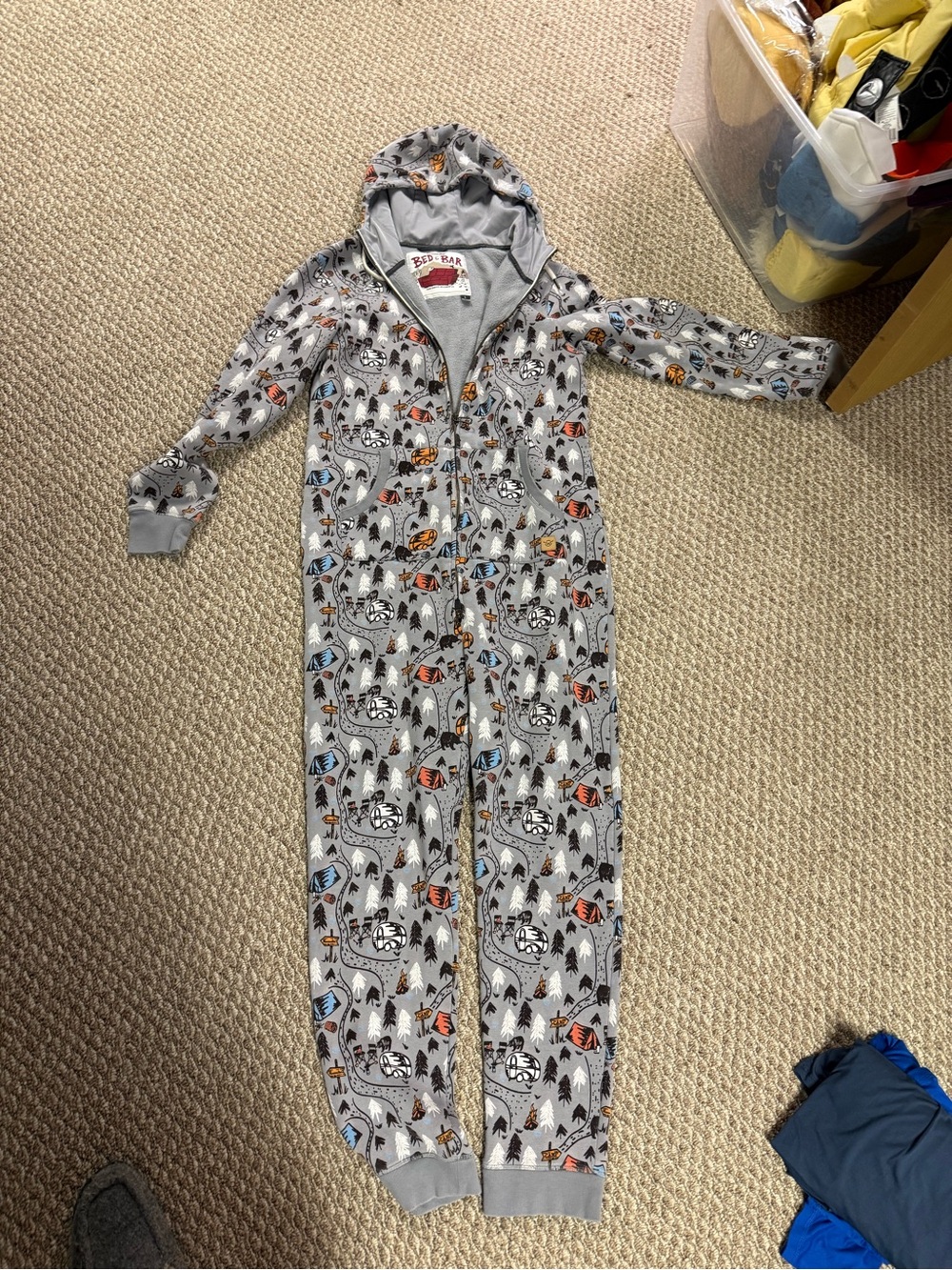 Moosejaw Gray Hooded Men’s Footie with Woodland Print